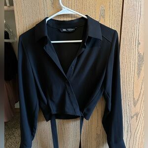 Zara long sleeve collared shirt with criss cross detailing